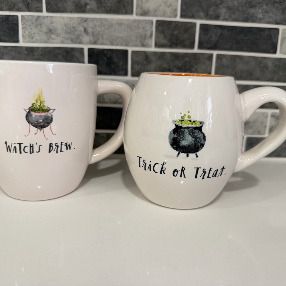 RAE DUNN Halloween Cauldron Ceramic Mug - White with Green Accent
